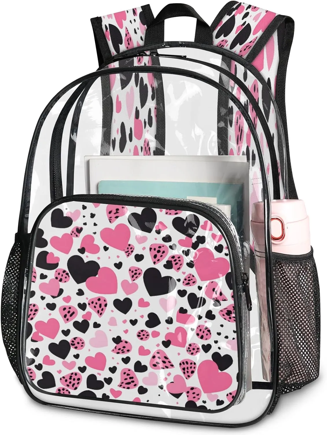 KOBLEN Heart Spot Pattern 17.1 Inch Clear Backpack, Heavy Duty Transparent PVC Daypack with Adjustable Padded Straps, Large Capacity Clear Bag for Festival, Concerts, Travel