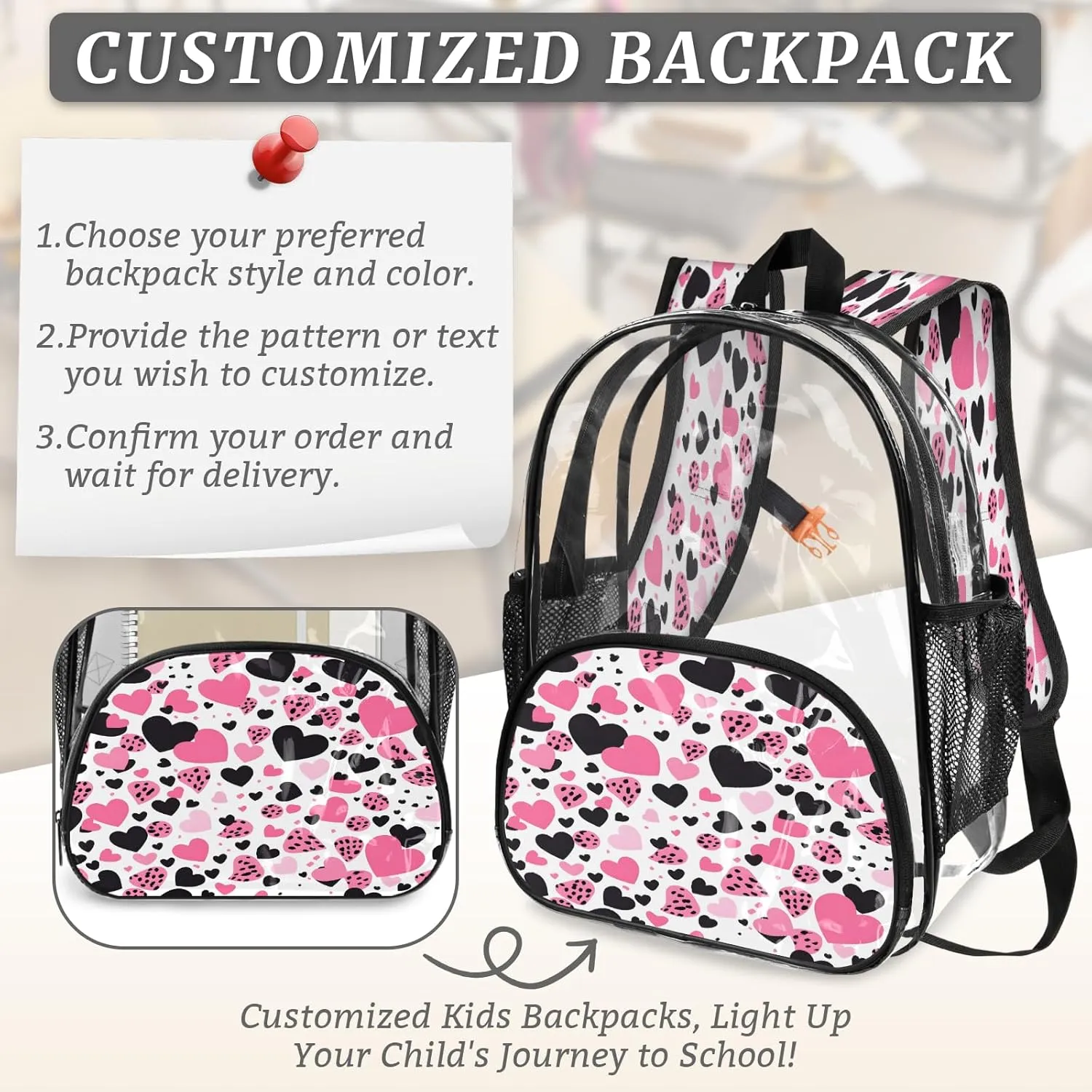 KOBLEN Heart Spot Pattern 17.1 Inch Clear Backpack, Heavy Duty Transparent PVC Daypack with Adjustable Padded Straps, Large Capacity Clear Bag for Festival, Concerts, Travel