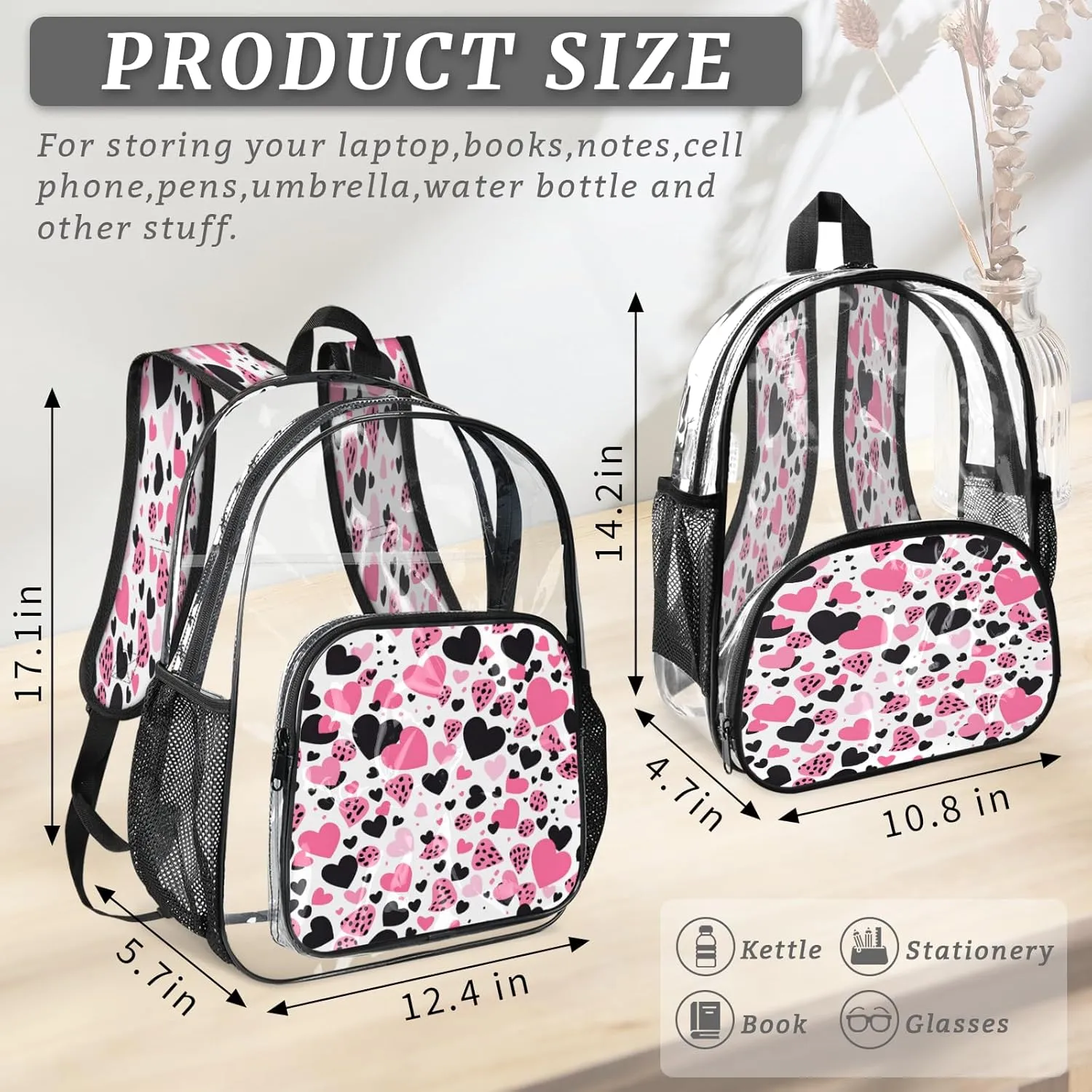 KOBLEN Heart Spot Pattern 17.1 Inch Clear Backpack, Heavy Duty Transparent PVC Daypack with Adjustable Padded Straps, Large Capacity Clear Bag for Festival, Concerts, Travel