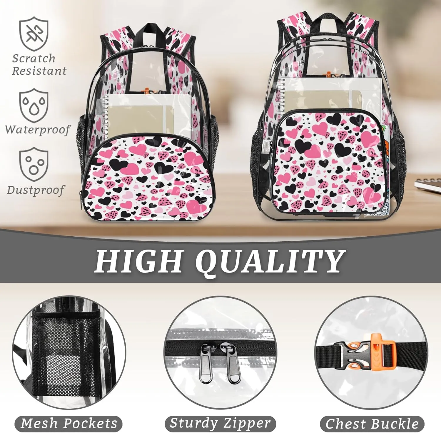 KOBLEN Heart Spot Pattern 17.1 Inch Clear Backpack, Heavy Duty Transparent PVC Daypack with Adjustable Padded Straps, Large Capacity Clear Bag for Festival, Concerts, Travel