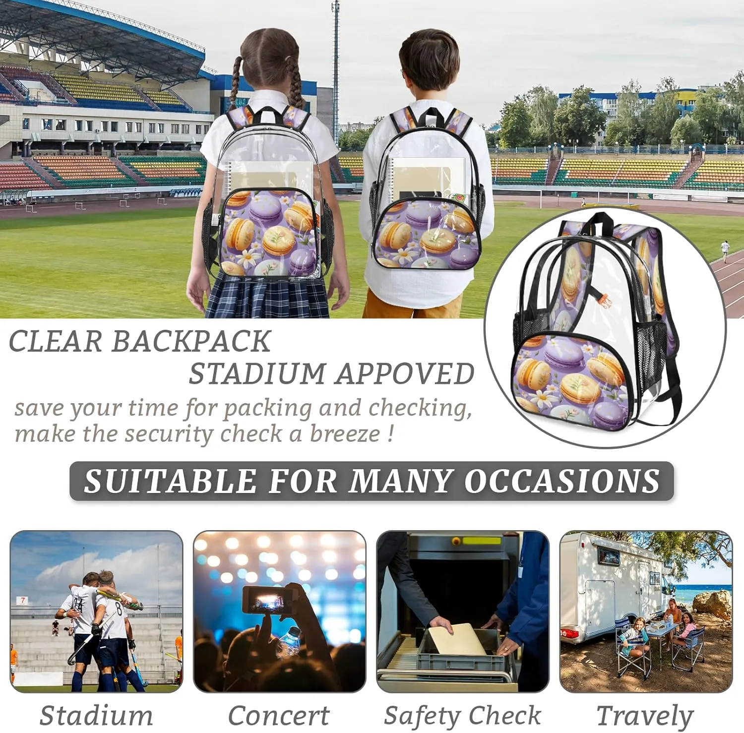 KOBLEN Macarons Floral Ensemble 17.1 Inch Clear Backpack, Heavy Duty Transparent PVC Daypack with Adjustable Padded Straps, Large Capacity Clear Bag for Festival, Concerts, Travel