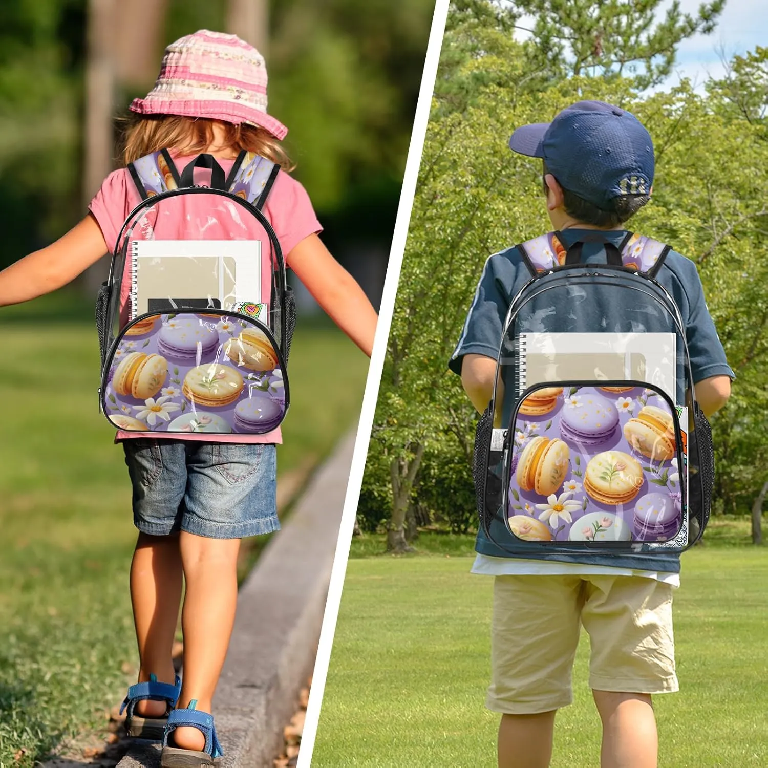 KOBLEN Macarons Floral Ensemble 17.1 Inch Clear Backpack, Heavy Duty Transparent PVC Daypack with Adjustable Padded Straps, Large Capacity Clear Bag for Festival, Concerts, Travel