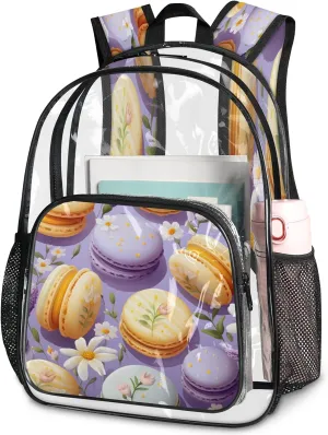 KOBLEN Macarons Floral Ensemble 17.1 Inch Clear Backpack, Heavy Duty Transparent PVC Daypack with Adjustable Padded Straps, Large Capacity Clear Bag for Festival, Concerts, Travel