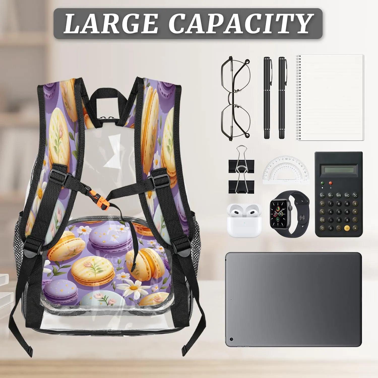 KOBLEN Macarons Floral Ensemble 17.1 Inch Clear Backpack, Heavy Duty Transparent PVC Daypack with Adjustable Padded Straps, Large Capacity Clear Bag for Festival, Concerts, Travel