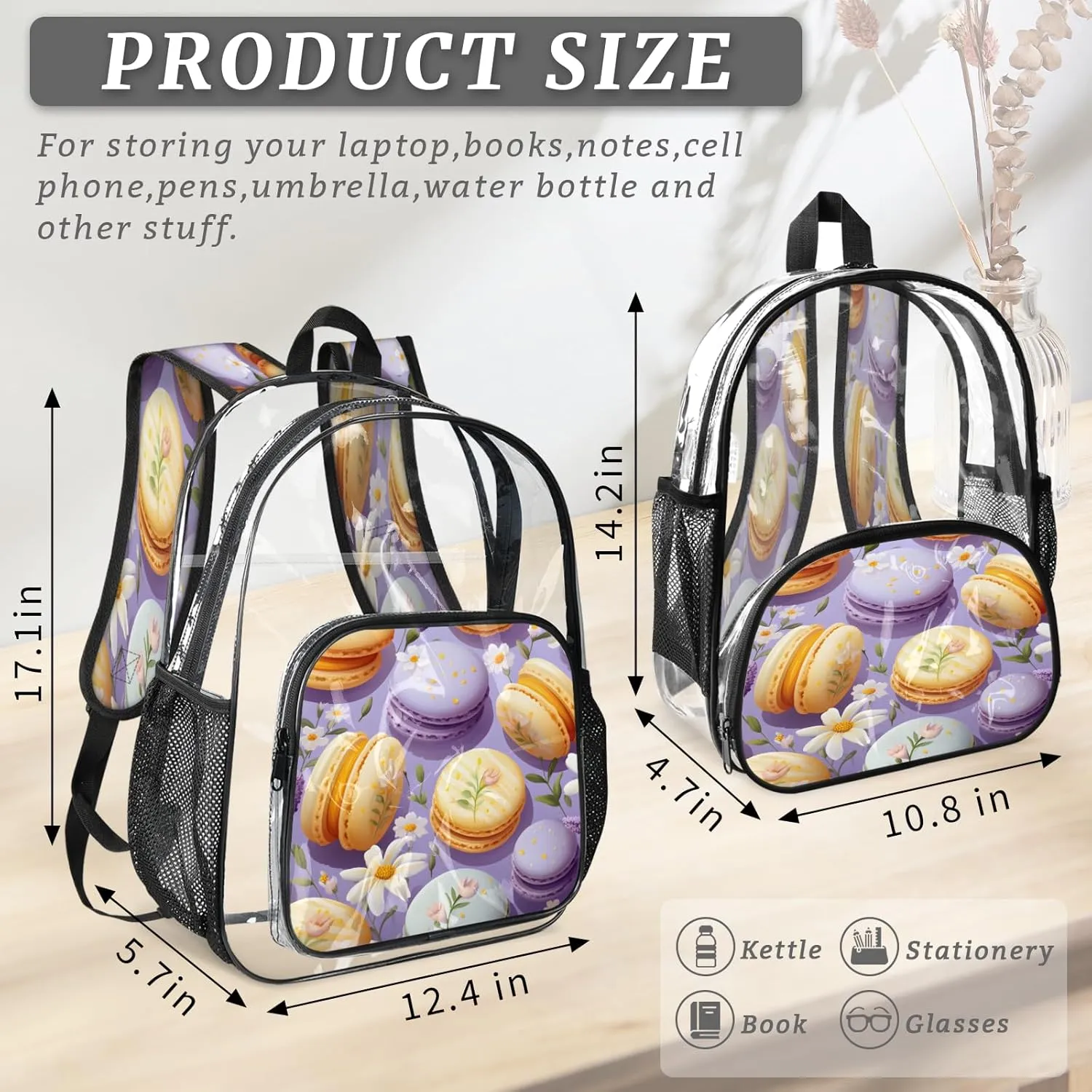 KOBLEN Macarons Floral Ensemble 17.1 Inch Clear Backpack, Heavy Duty Transparent PVC Daypack with Adjustable Padded Straps, Large Capacity Clear Bag for Festival, Concerts, Travel