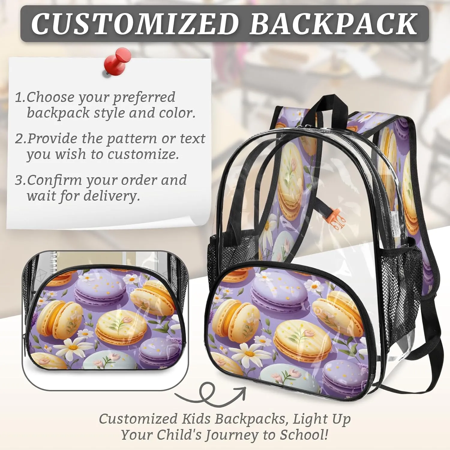 KOBLEN Macarons Floral Ensemble 17.1 Inch Clear Backpack, Heavy Duty Transparent PVC Daypack with Adjustable Padded Straps, Large Capacity Clear Bag for Festival, Concerts, Travel
