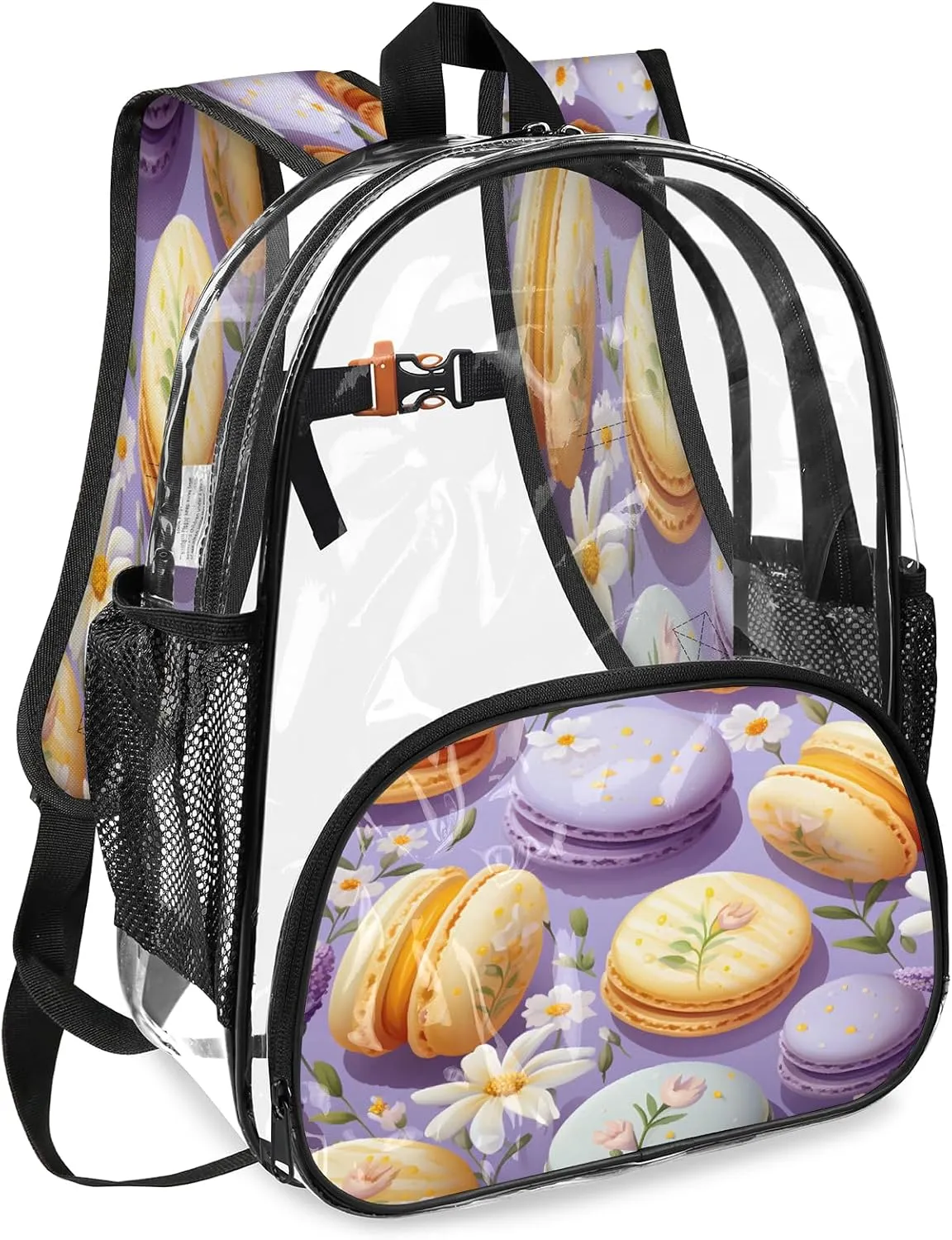 KOBLEN Macarons Floral Ensemble 17.1 Inch Clear Backpack, Heavy Duty Transparent PVC Daypack with Adjustable Padded Straps, Large Capacity Clear Bag for Festival, Concerts, Travel