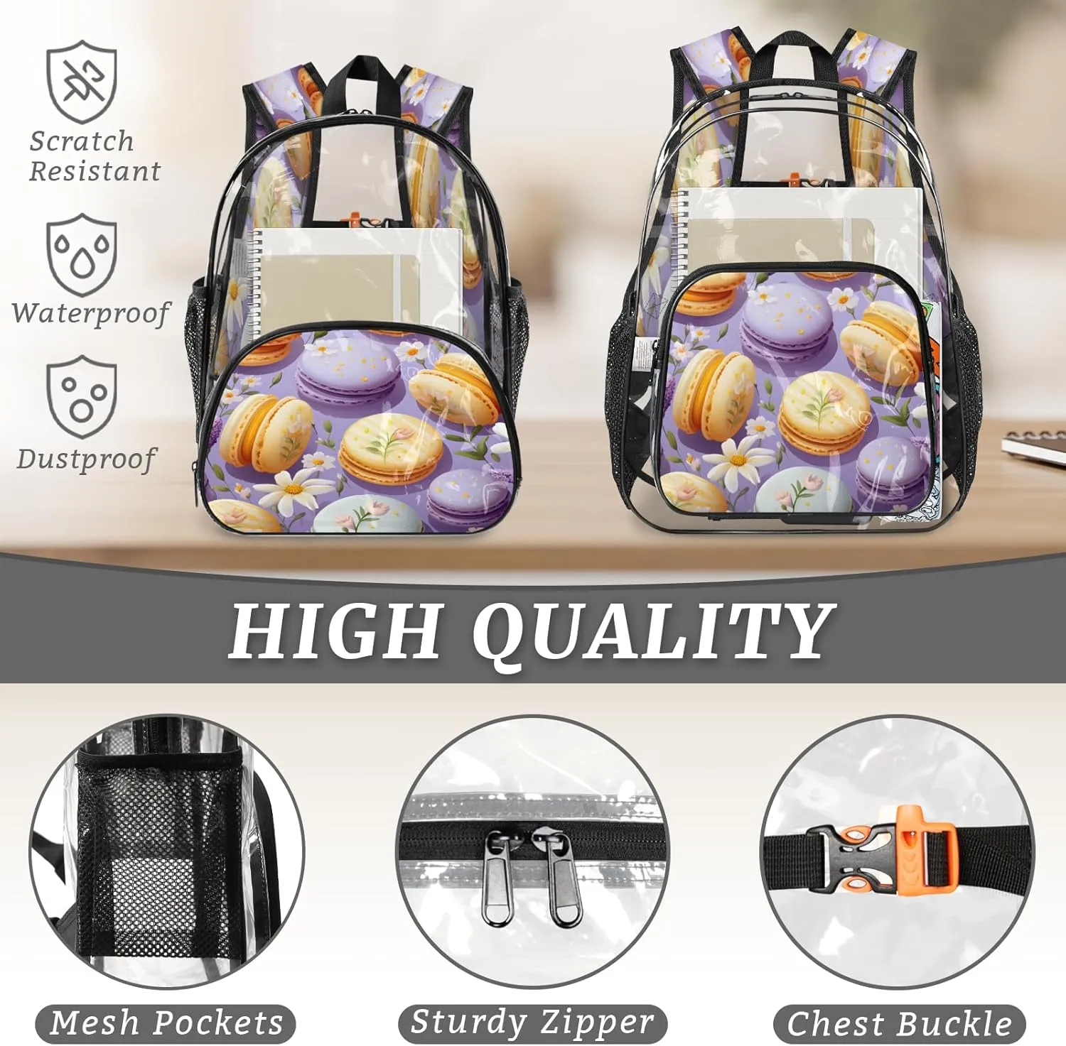 KOBLEN Macarons Floral Ensemble 17.1 Inch Clear Backpack, Heavy Duty Transparent PVC Daypack with Adjustable Padded Straps, Large Capacity Clear Bag for Festival, Concerts, Travel