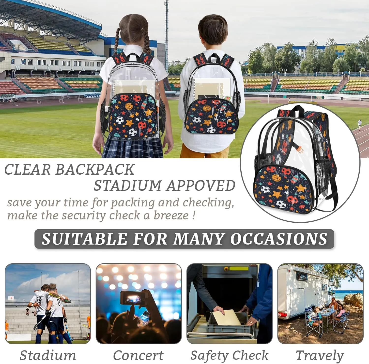 KOBLEN Soccer Stars Motif 14.2 Inch Clear Backpack, Heavy Duty Transparent PVC Daypack with Adjustable Padded Straps, Large Capacity Clear Bag for Festival, Concerts, Travel