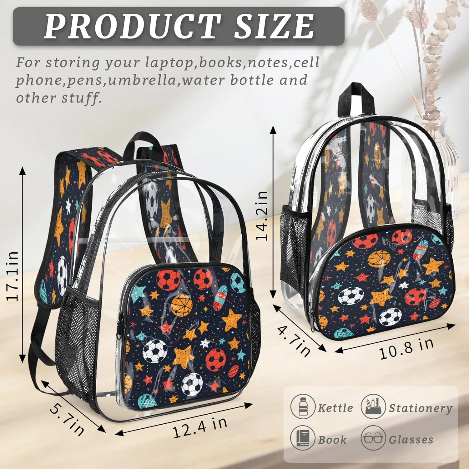 KOBLEN Soccer Stars Motif 14.2 Inch Clear Backpack, Heavy Duty Transparent PVC Daypack with Adjustable Padded Straps, Large Capacity Clear Bag for Festival, Concerts, Travel
