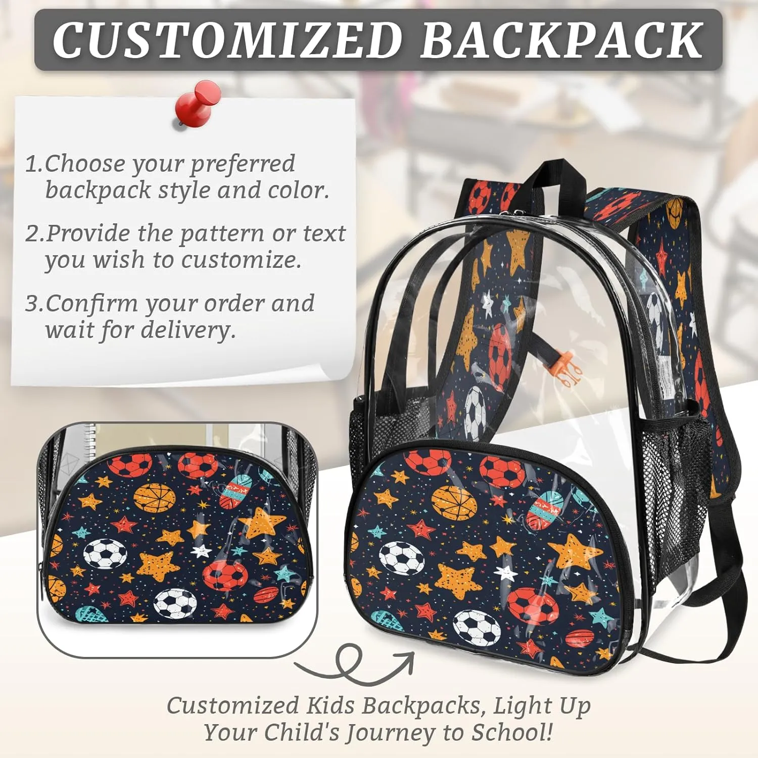 KOBLEN Soccer Stars Motif 14.2 Inch Clear Backpack, Heavy Duty Transparent PVC Daypack with Adjustable Padded Straps, Large Capacity Clear Bag for Festival, Concerts, Travel