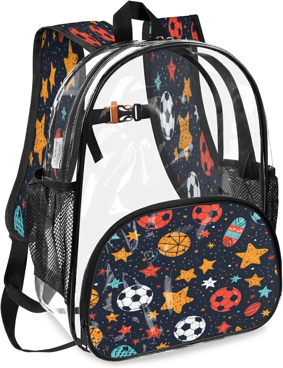 KOBLEN Soccer Stars Motif 14.2 Inch Clear Backpack, Heavy Duty Transparent PVC Daypack with Adjustable Padded Straps, Large Capacity Clear Bag for Festival, Concerts, Travel