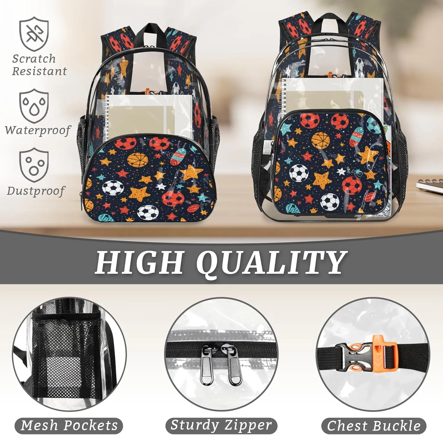 KOBLEN Soccer Stars Motif 14.2 Inch Clear Backpack, Heavy Duty Transparent PVC Daypack with Adjustable Padded Straps, Large Capacity Clear Bag for Festival, Concerts, Travel