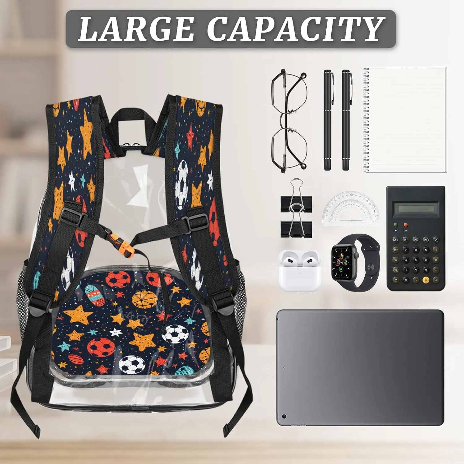 KOBLEN Soccer Stars Motif 14.2 Inch Clear Backpack, Heavy Duty Transparent PVC Daypack with Adjustable Padded Straps, Large Capacity Clear Bag for Festival, Concerts, Travel