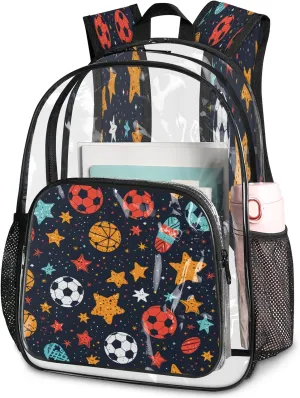 KOBLEN Soccer Stars Motif 14.2 Inch Clear Backpack, Heavy Duty Transparent PVC Daypack with Adjustable Padded Straps, Large Capacity Clear Bag for Festival, Concerts, Travel