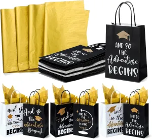 Kolldenn 24 Sets 2025 Graduation Gift Bags Congratulations Grad Party Favor Bags and So the Adventure Begins Bag with Gold Tissue Paper for Graduation Celebration Party