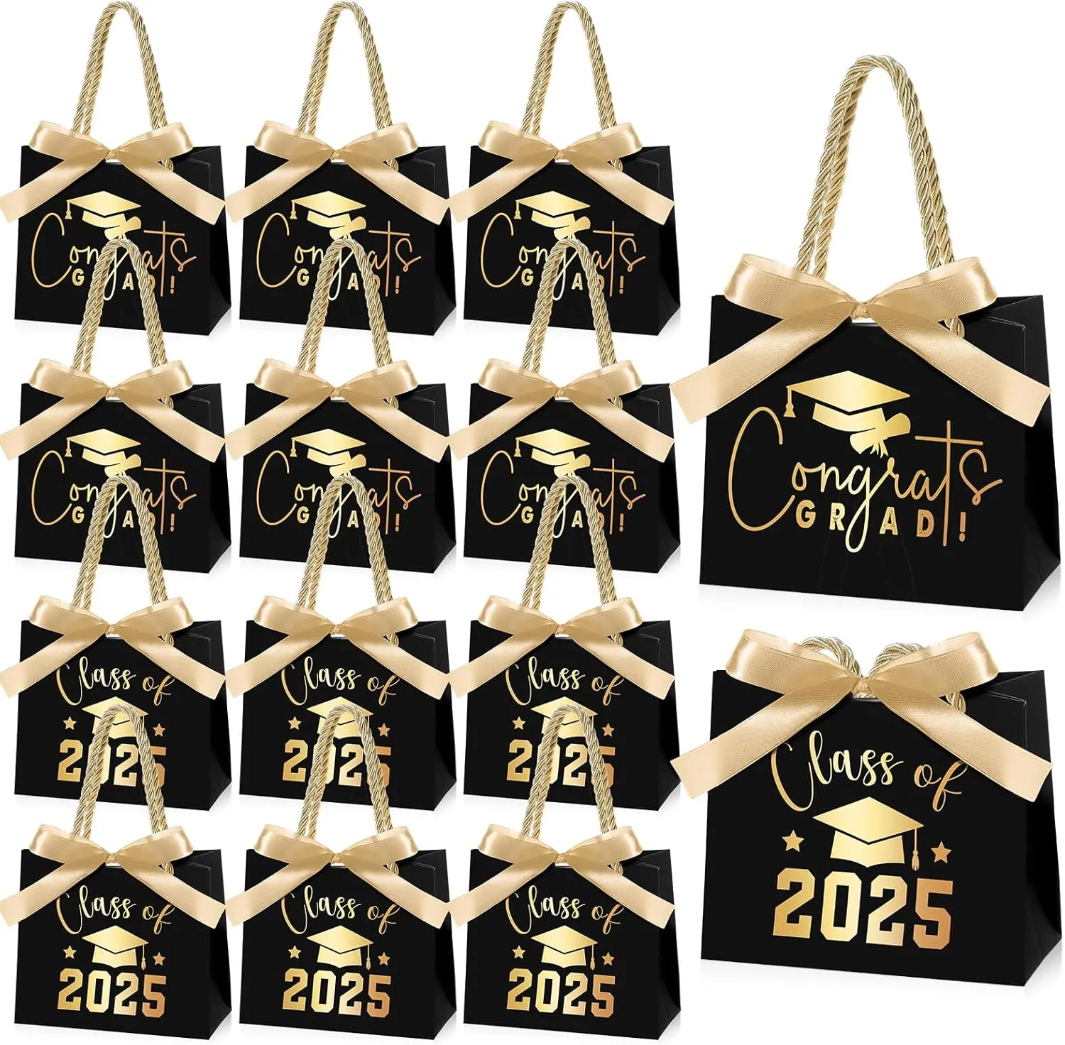 Kolldenn 25 Pcs Graduation Gift Bags Bulk Gold Foil 2025 Congrats Grad Small Gift Bags with Ribbon Bow Congratulations Goodie Bag for High School College Graduates Party Favors Supplies Decoration