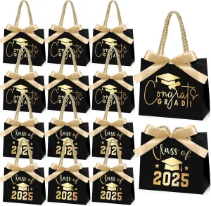 Kolldenn 25 Pcs Graduation Gift Bags Bulk Gold Foil 2025 Congrats Grad Small Gift Bags with Ribbon Bow Congratulations Goodie Bag for High School College Graduates Party Favors Supplies Decoration