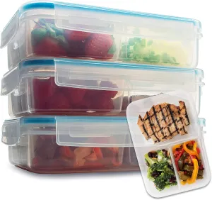 Komax Biokips Set of 3 Lunch Containers – 3 Compartment Food Container for Meal Prep, Portion Control – Microwave & Dishwasher Safe Bento Box Adult Lunch Container w/Locking Lid (37 oz)