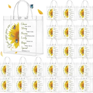 Kosiz 24 Pcs Church Gift Bags Bulk Clear PVC Bags with Handles Religious Sunflower Bible Verse Christian Treat Gift for Women Birthday Wedding Baptism Party Favor Supplies