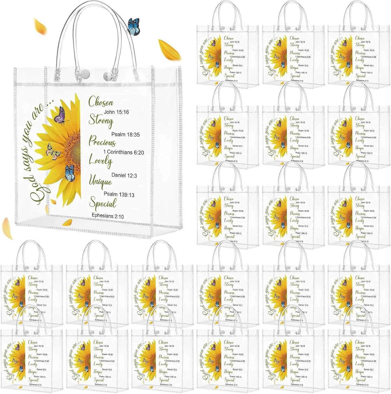 Kosiz 24 Pcs Church Gift Bags Bulk Clear PVC Bags with Handles Religious Sunflower Bible Verse Christian Treat Gift for Women Birthday Wedding Baptism Party Favor Supplies