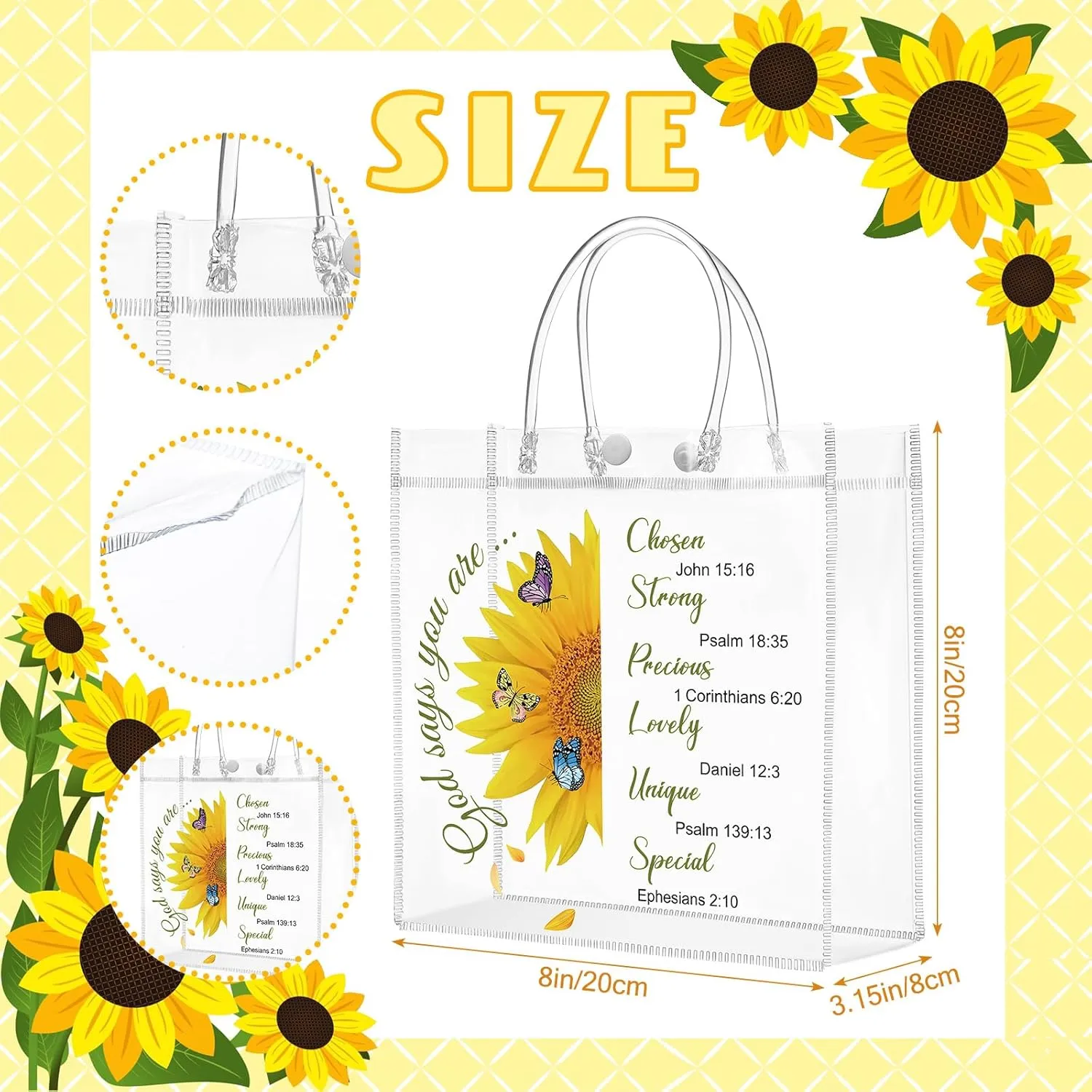 Kosiz 24 Pcs Church Gift Bags Bulk Clear PVC Bags with Handles Religious Sunflower Bible Verse Christian Treat Gift for Women Birthday Wedding Baptism Party Favor Supplies