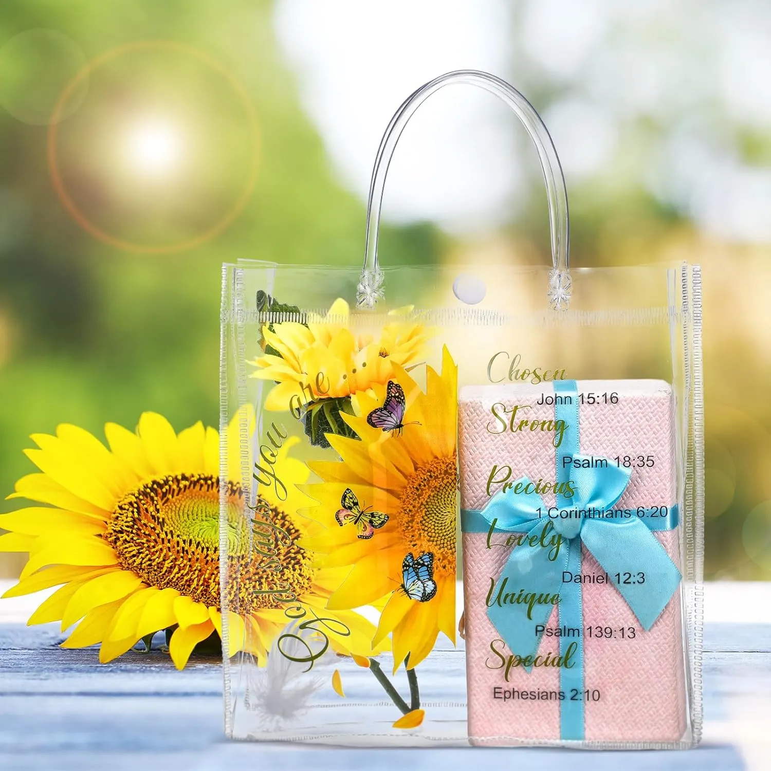 Kosiz 24 Pcs Church Gift Bags Bulk Clear PVC Bags with Handles Religious Sunflower Bible Verse Christian Treat Gift for Women Birthday Wedding Baptism Party Favor Supplies