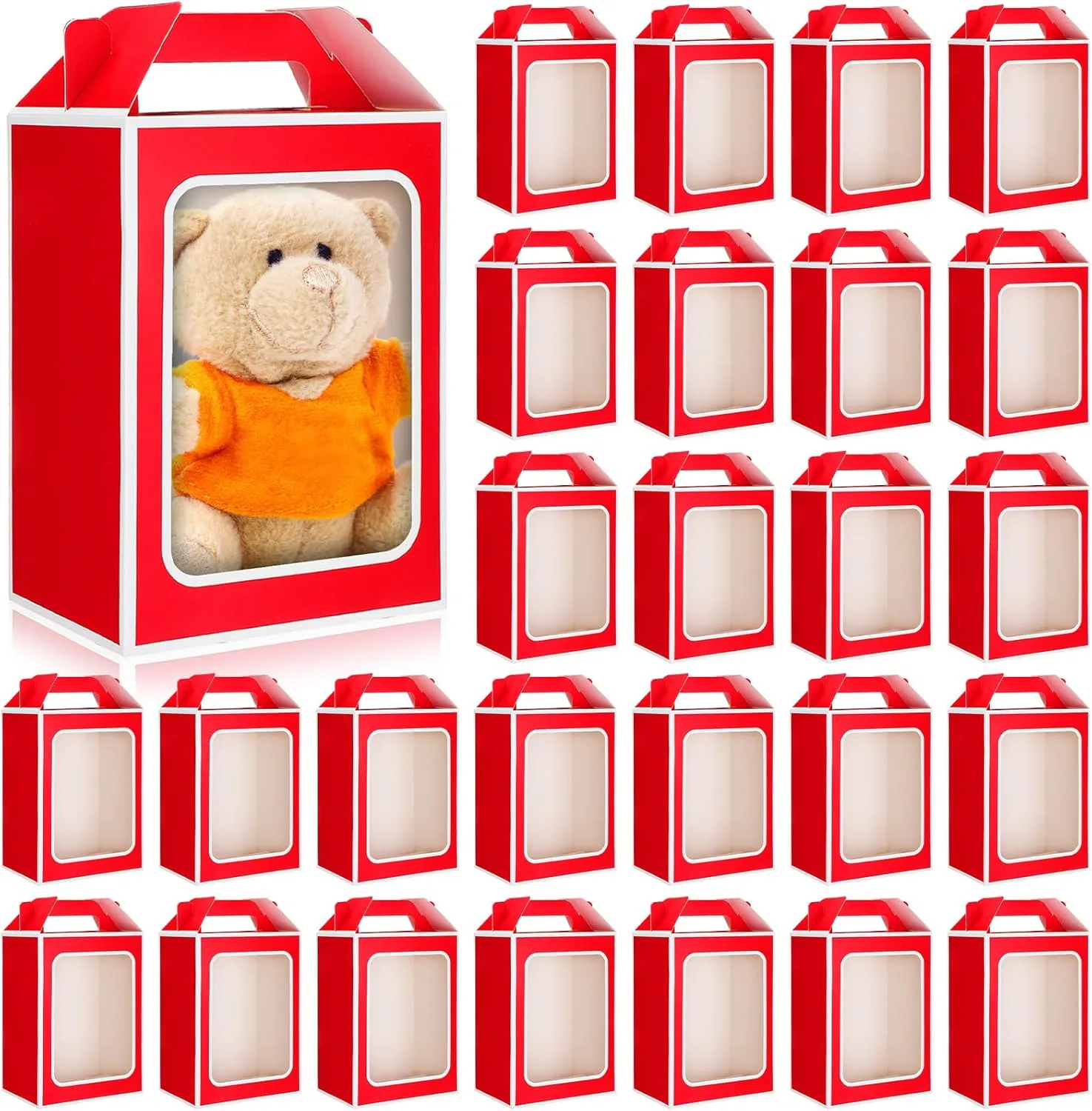 Kosiz 24 Pcs Mother's Day Gift Box with Clear Window Cajas Transparentes Para Regalos 9.8 x 7 x 5.1 Inch Tote Paper Bags with Handles for Teacher Appreciation Gift Xmas Party Favor(Red, White)