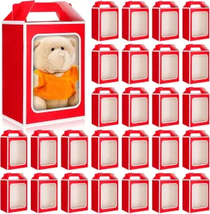Kosiz 24 Pcs Mother's Day Gift Box with Clear Window Cajas Transparentes Para Regalos 9.8 x 7 x 5.1 Inch Tote Paper Bags with Handles for Teacher Appreciation Gift Xmas Party Favor(Red, White)