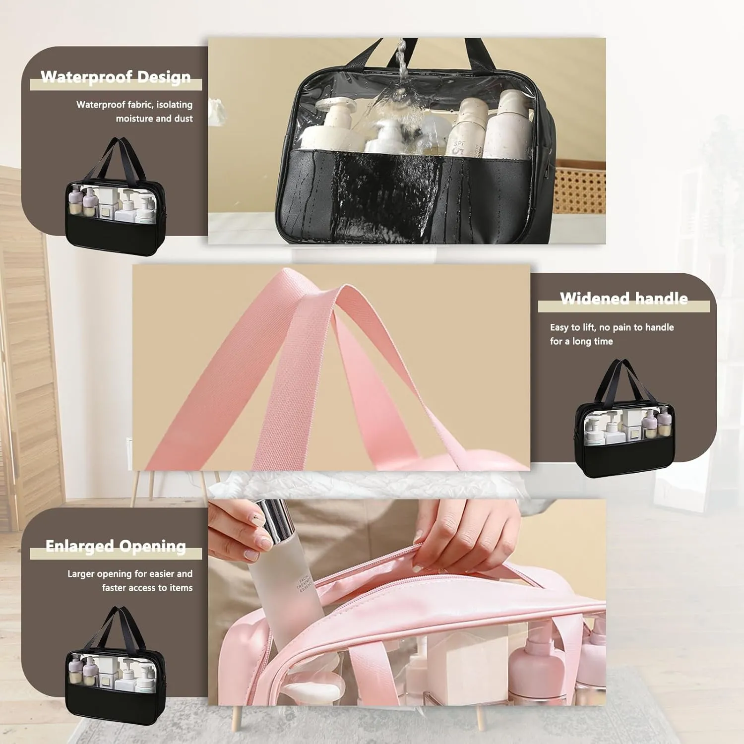 Large Clear Toiletry Bags for Traveling, 4Pcs Waterproof Clear Travel Bags for Toiletries Women Men, Travel Toiletry Bag Set, Transparent Makeup Cosmetic Bag, Black