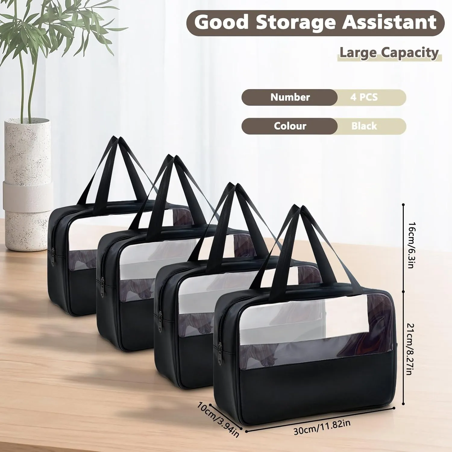 Large Clear Toiletry Bags for Traveling, 4Pcs Waterproof Clear Travel Bags for Toiletries Women Men, Travel Toiletry Bag Set, Transparent Makeup Cosmetic Bag, Black