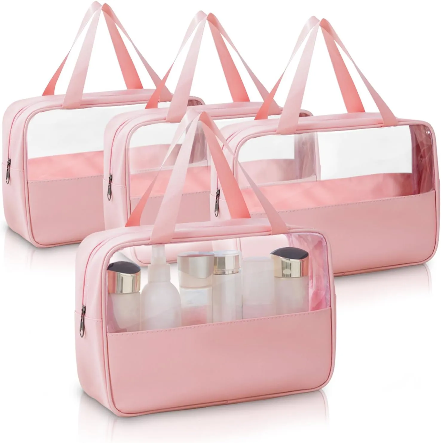 Large Clear Toiletry Bags for Traveling, 4Pcs Waterproof Clear Travel Bags for Toiletries Women Men, Travel Toiletry Bag Set, Transparent Makeup Cosmetic Bag, Pink