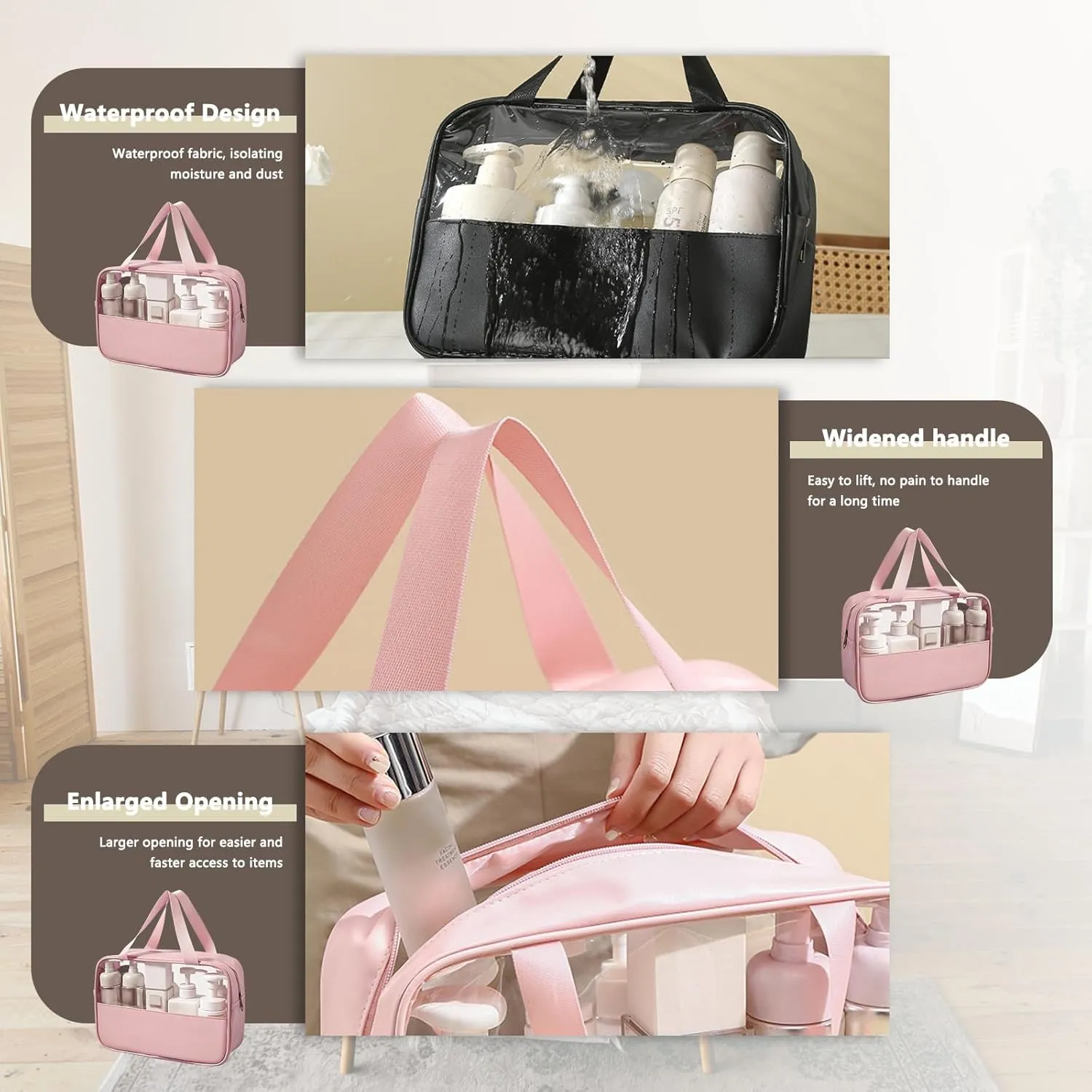 Large Clear Toiletry Bags for Traveling, 4Pcs Waterproof Clear Travel Bags for Toiletries Women Men, Travel Toiletry Bag Set, Transparent Makeup Cosmetic Bag, Pink