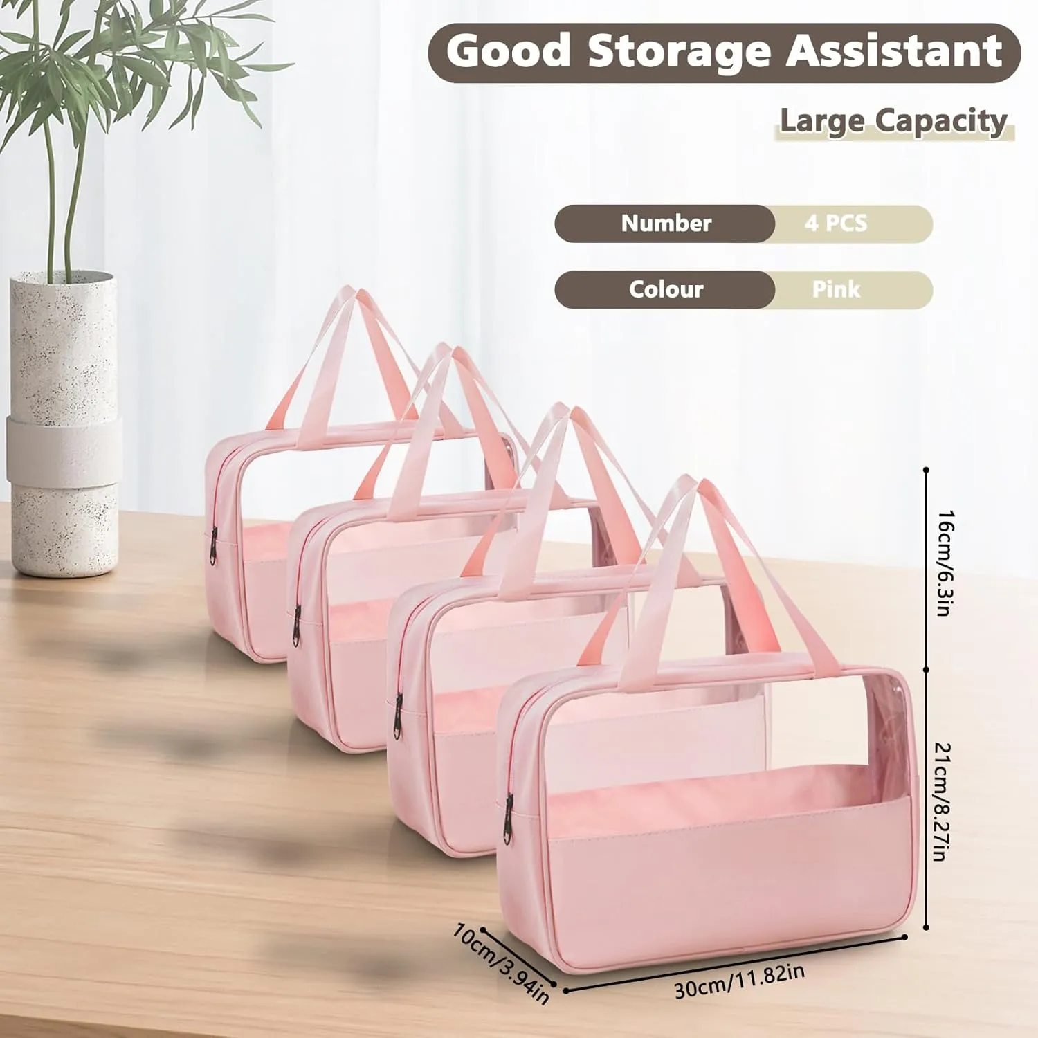 Large Clear Toiletry Bags for Traveling, 4Pcs Waterproof Clear Travel Bags for Toiletries Women Men, Travel Toiletry Bag Set, Transparent Makeup Cosmetic Bag, Pink
