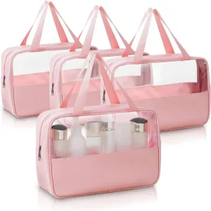 Large Clear Toiletry Bags for Traveling, 4Pcs Waterproof Clear Travel Bags for Toiletries Women Men, Travel Toiletry Bag Set, Transparent Makeup Cosmetic Bag, Pink