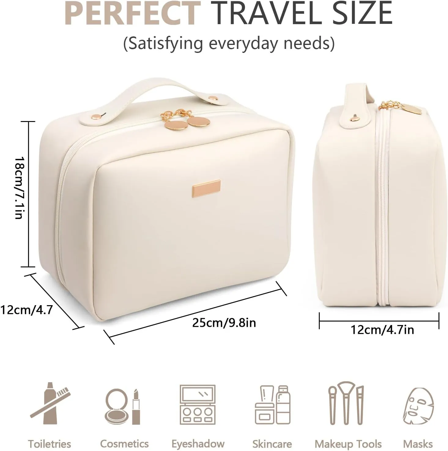 Large Makeup Bag PU Leather Cosmetic Bags for Women Makeup Organizer Bag Open Flat Toiletry Bag, Beige