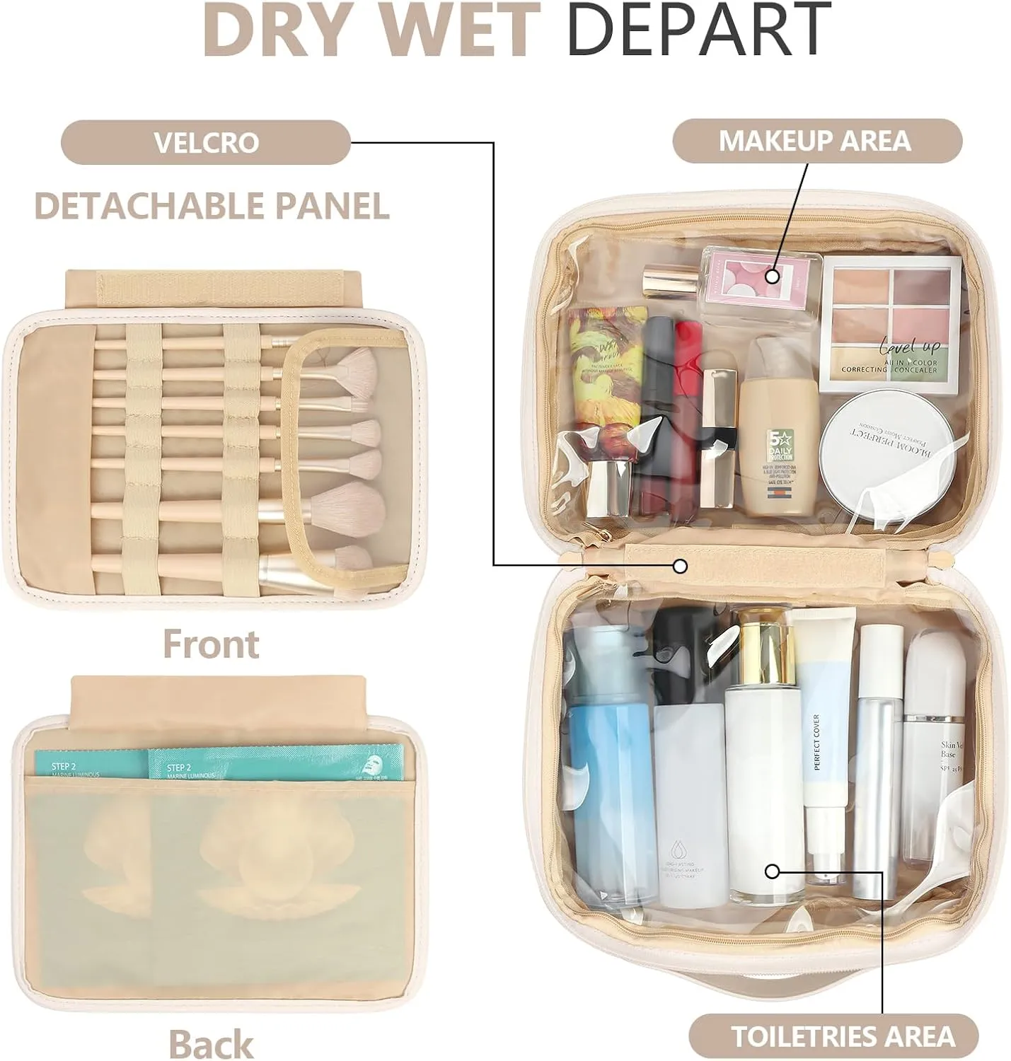 Large Makeup Bag PU Leather Cosmetic Bags for Women Makeup Organizer Bag Open Flat Toiletry Bag, Beige
