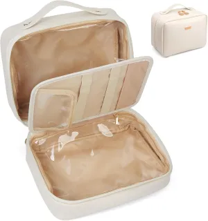 Large Makeup Bag PU Leather Cosmetic Bags for Women Makeup Organizer Bag Open Flat Toiletry Bag, Beige