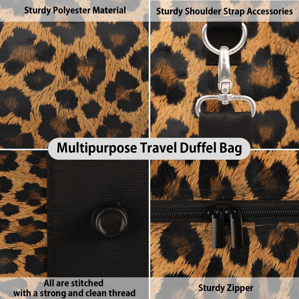 Leopard Print Travel Duffle Bag, Sports Gym Bags for Women Men, Carry On Weekender Overnight Bag, Wild Safari Skin Pattern Workout Hospital Airplane Trips Bag