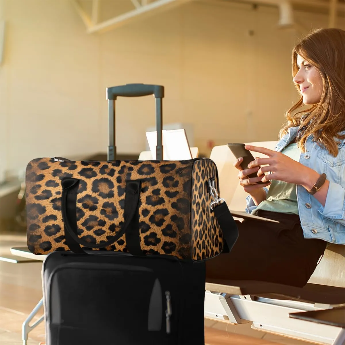 Leopard Print Travel Duffle Bag, Sports Gym Bags for Women Men, Carry On Weekender Overnight Bag, Wild Safari Skin Pattern Workout Hospital Airplane Trips Bag
