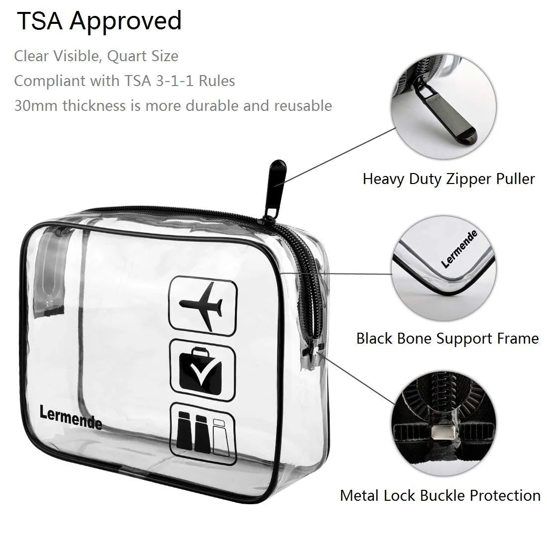Lermende 2pcs Clear Toiletry Bag TSA Approved Travel Bag,Carry On for Travel,Airport Airline Accessories Compliant Bag,Quart Sized Makeup Cosmetic bag Women Men (Black Gray, 2 Pack)