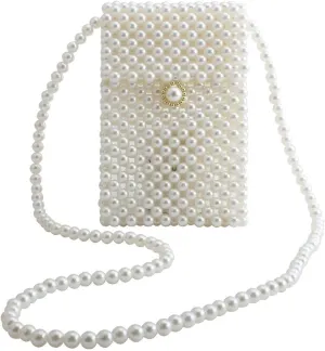 LETODE Women's Vintage Style Pearl Shoulder Bags Handmade Weave Pearl Crossbody Bags phone Purse Transparent Bags