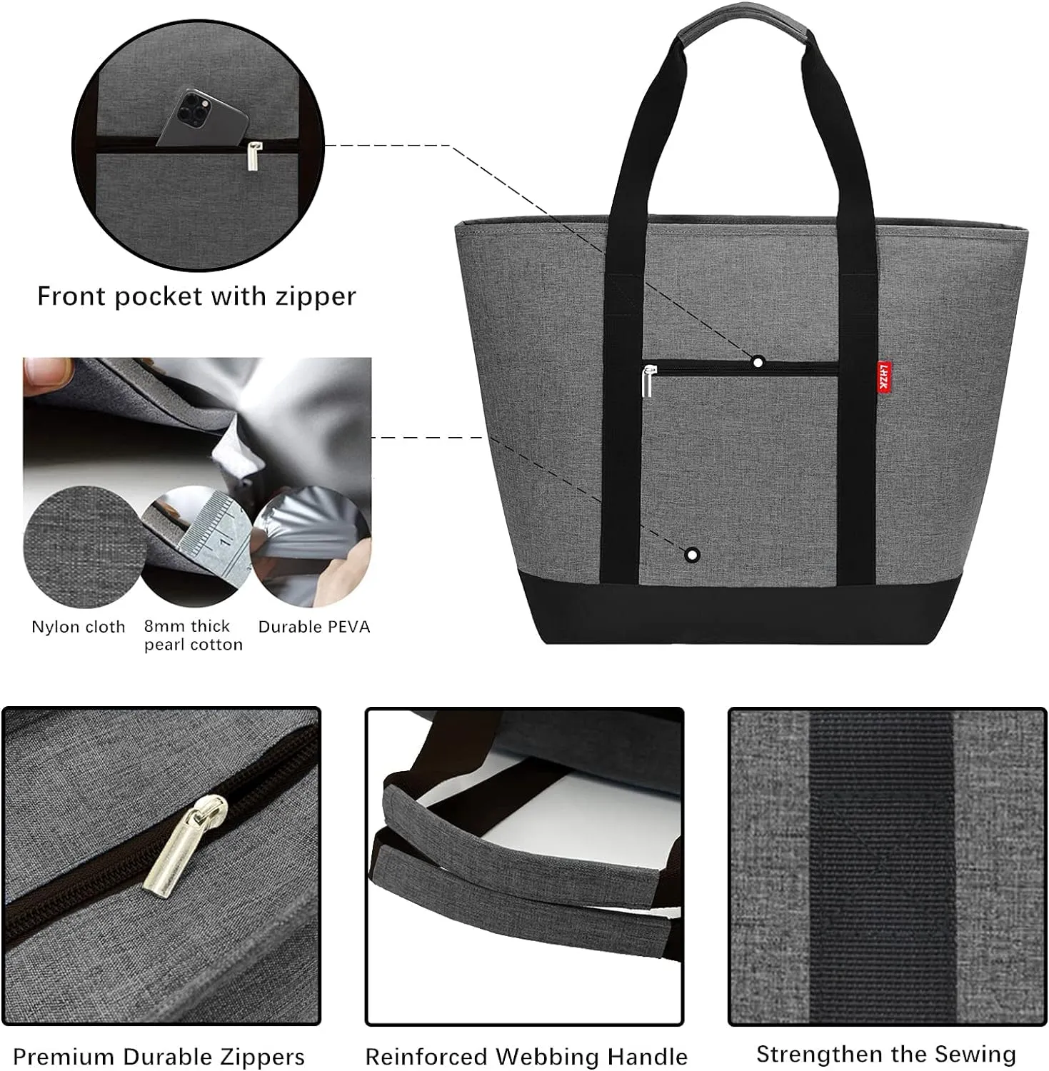 LHZK Jumbo Insulated Cooler Bag with HD Thermal Insulation - Collapsible Waterproof Insulated Tote Bag with Zippered & Handles, Soft Cooler Makes a Perfect Grocery, Beach, Travel, Picnic (50L, Grey)