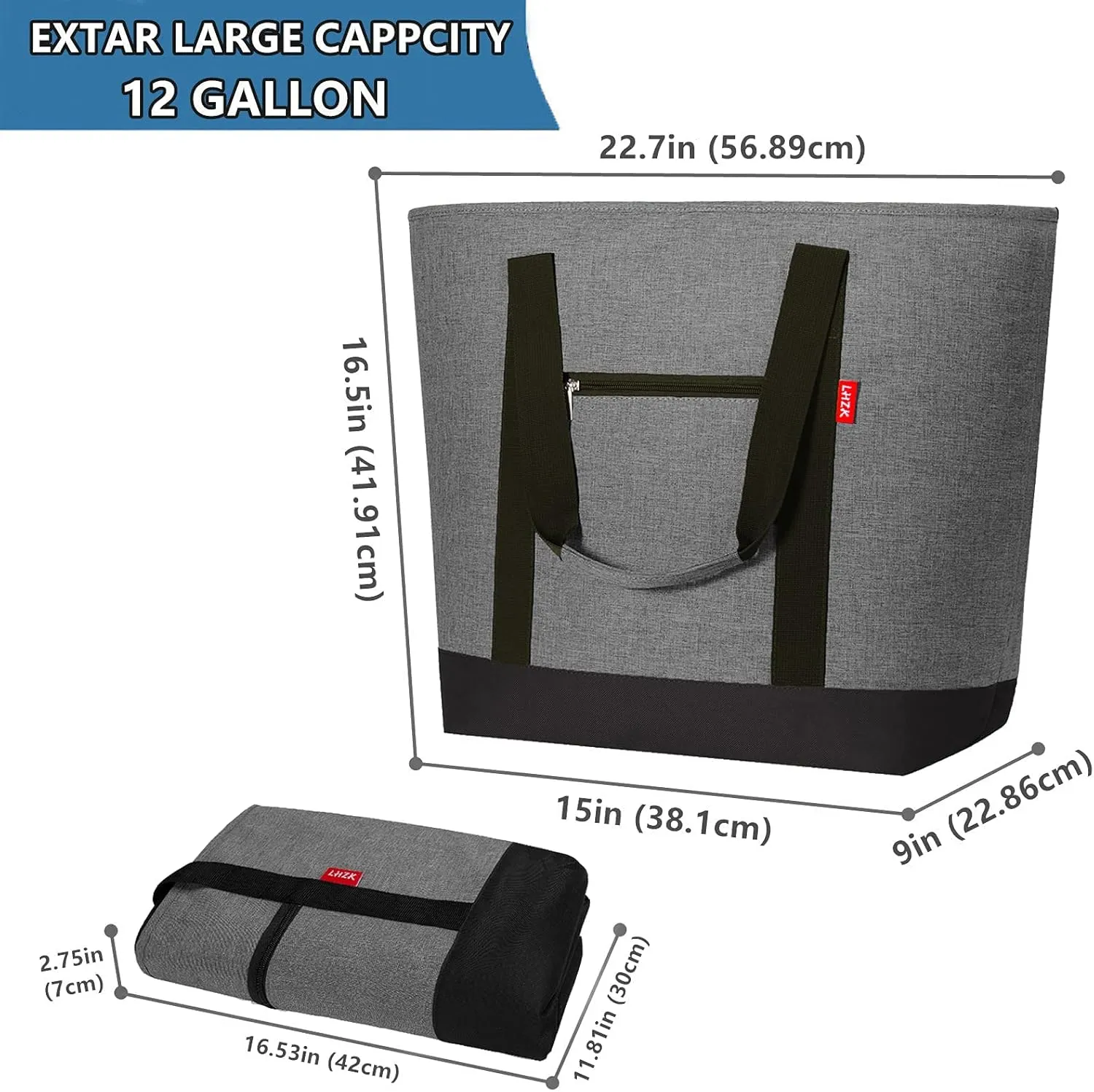 LHZK Jumbo Insulated Cooler Bag with HD Thermal Insulation - Collapsible Waterproof Insulated Tote Bag with Zippered & Handles, Soft Cooler Makes a Perfect Grocery, Beach, Travel, Picnic (50L, Grey)