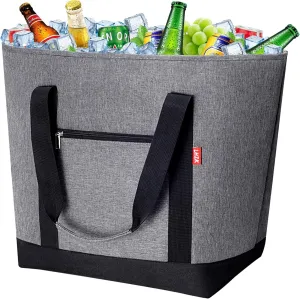 LHZK Jumbo Insulated Cooler Bag with HD Thermal Insulation - Collapsible Waterproof Insulated Tote Bag with Zippered & Handles, Soft Cooler Makes a Perfect Grocery, Beach, Travel, Picnic (50L, Grey)
