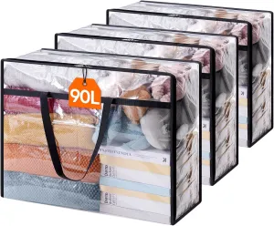 Lifewit 3 Pack Clear Clothes Storage Bags, 90L Plastic Blanket Storage Bag, Vinyl Foldable Moving Bags with Zipper，Closet Organizers and Storage Containers for Comforter, Bedding, Duvet, Pillow