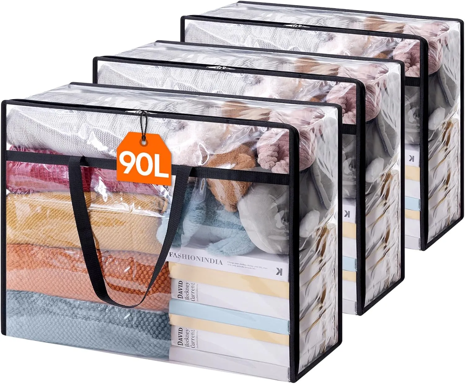 Lifewit 3 Pack Clear Clothes Storage Bags, 90L Plastic Blanket Storage Bag, Vinyl Foldable Moving Bags with Zipper，Closet Organizers and Storage Containers for Comforter, Bedding, Duvet, Pillow