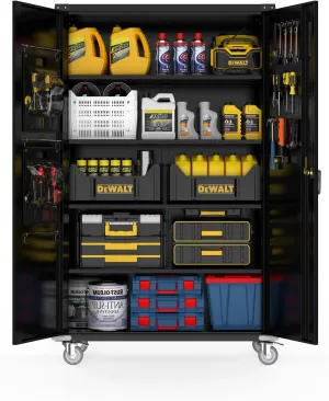 Lockable Metal Garage Storage Cabinet Upgraded Wide & Deep Garage Cabinet with Doors, 4 Adjustable Shelves Wheels & Pegboards for Home, Office, Warehouse, Garage, Gym, Workshop