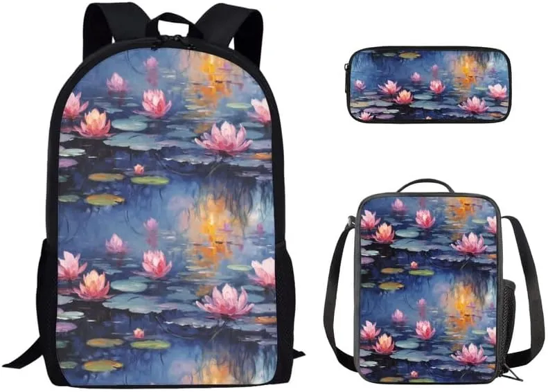 Lotus Monet Retro Pattern Book Bags for School Girls Backpack Set Waterlily Oil Painting 3 PCS/Cute Lunchbox Small Lunch Bag/Teenager Pencil Case Kids