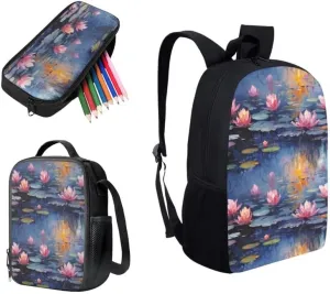 Lotus Monet Retro Pattern Book Bags for School Girls Backpack Set Waterlily Oil Painting 3 PCS/Cute Lunchbox Small Lunch Bag/Teenager Pencil Case Kids